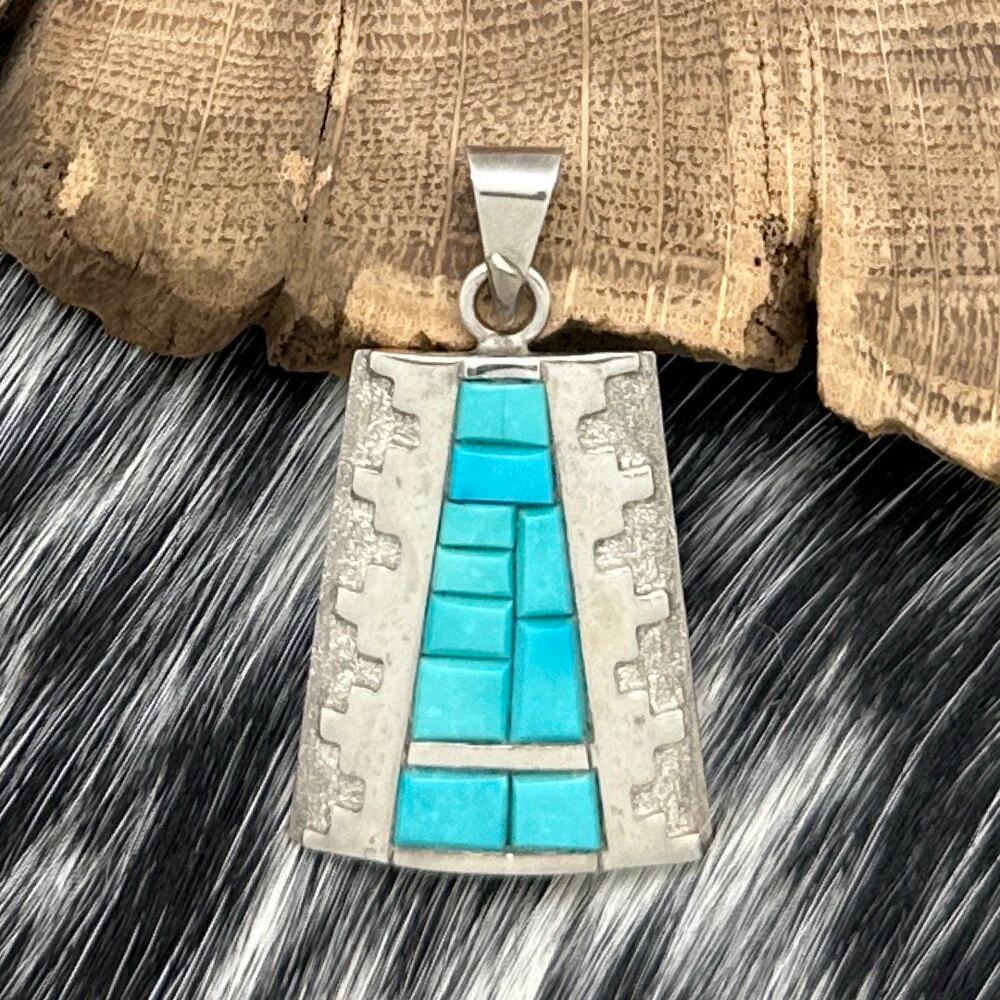 1990s DESIREE MAYES Zuni Sterling Turquoise Cobblestone Inlay Pendant Stair Step